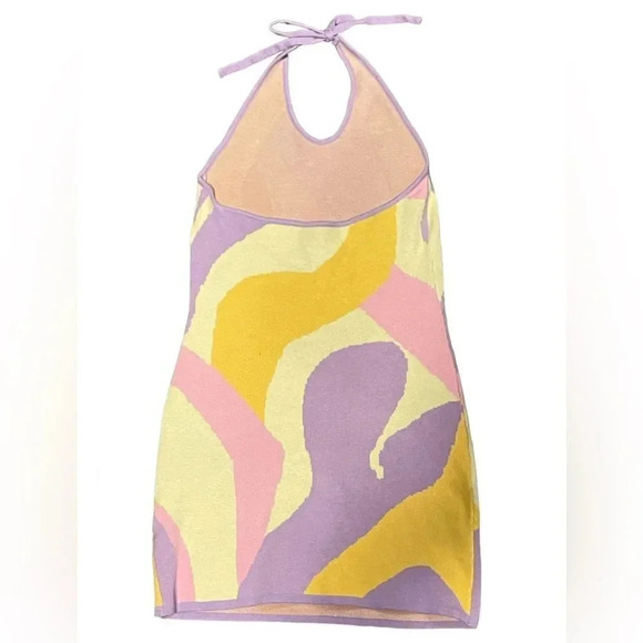 NWOT Y2K Multicolor Mini Knit Dress Small Halter V-Neck Groovy 80s Disco Wacky - Picture 5 of 5